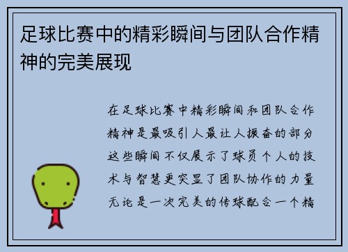 足球比赛中的精彩瞬间与团队合作精神的完美展现