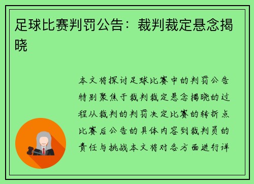 足球比赛判罚公告：裁判裁定悬念揭晓