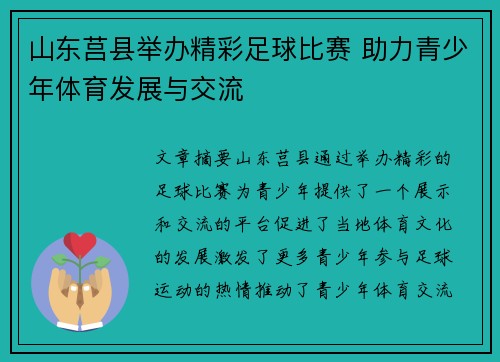 山东莒县举办精彩足球比赛 助力青少年体育发展与交流