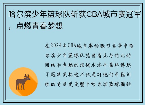 哈尔滨少年篮球队斩获CBA城市赛冠军，点燃青春梦想
