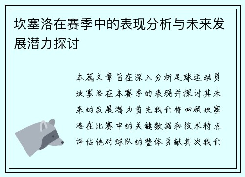 坎塞洛在赛季中的表现分析与未来发展潜力探讨