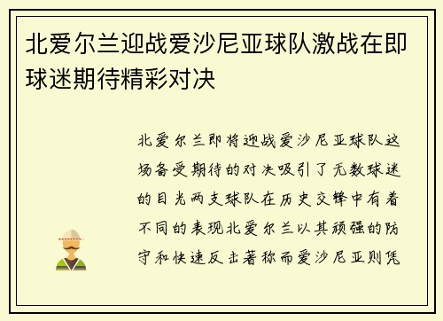 北爱尔兰迎战爱沙尼亚球队激战在即球迷期待精彩对决