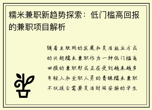 糯米兼职新趋势探索：低门槛高回报的兼职项目解析