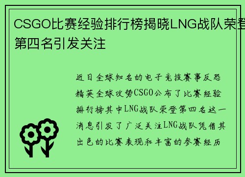 CSGO比赛经验排行榜揭晓LNG战队荣登第四名引发关注