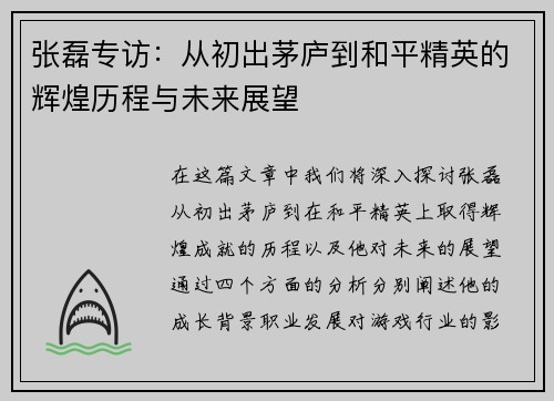 张磊专访：从初出茅庐到和平精英的辉煌历程与未来展望