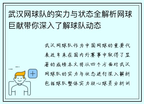 武汉网球队的实力与状态全解析网球巨献带你深入了解球队动态