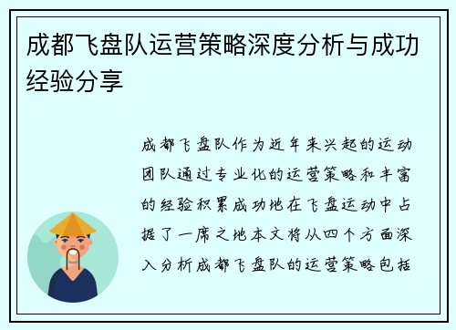 成都飞盘队运营策略深度分析与成功经验分享